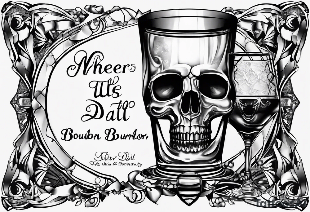 Cheers Mate text, armband +Cancer Ribbon  + bourbon glass tattoo idea