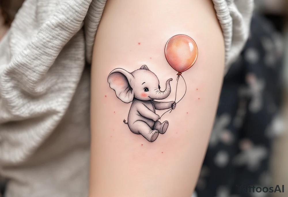 Delicate outline of a baby elephant holding a balloon with name Natálie – 22.10.2023 v 5:15 in pastel peach script. tattoo idea