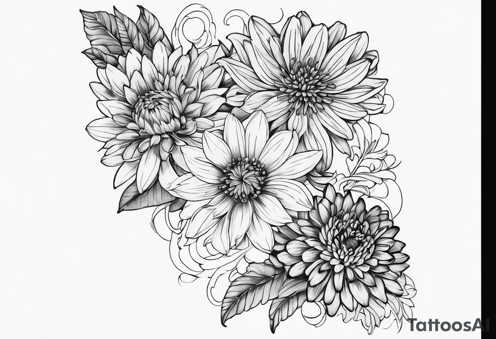 Asters, lillies, and chrysanthemums in a long line tattoo idea