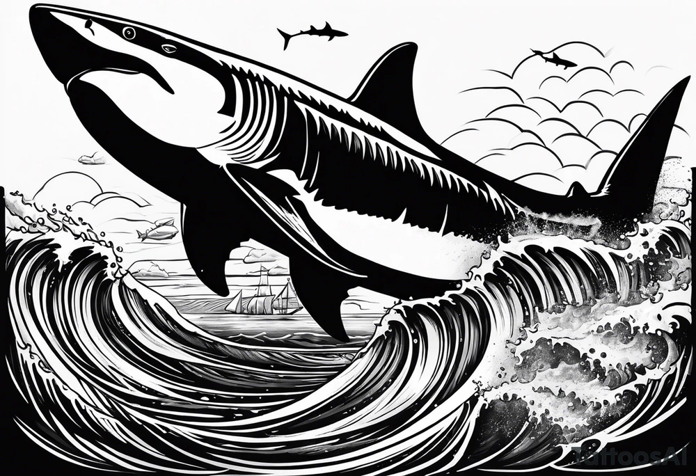 i wanted to have the megalodon ni text vertically with the shark and the water wrapping around the text tattoo idea