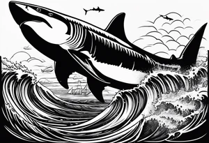 i wanted to have the megalodon ni text vertically with the shark and the water wrapping around the text tattoo idea