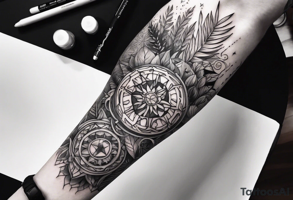 arm sleeve tattoo with The Helm of Awe surrounded by jungle plants tattoo idea