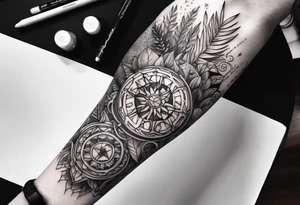 arm sleeve tattoo with The Helm of Awe surrounded by jungle plants tattoo idea