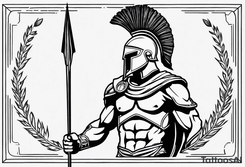 rectangular landscape format ultra-fine line linework vector of a spartan from the side, spartan spear, spartan shield, laurel wreath tattoo idea