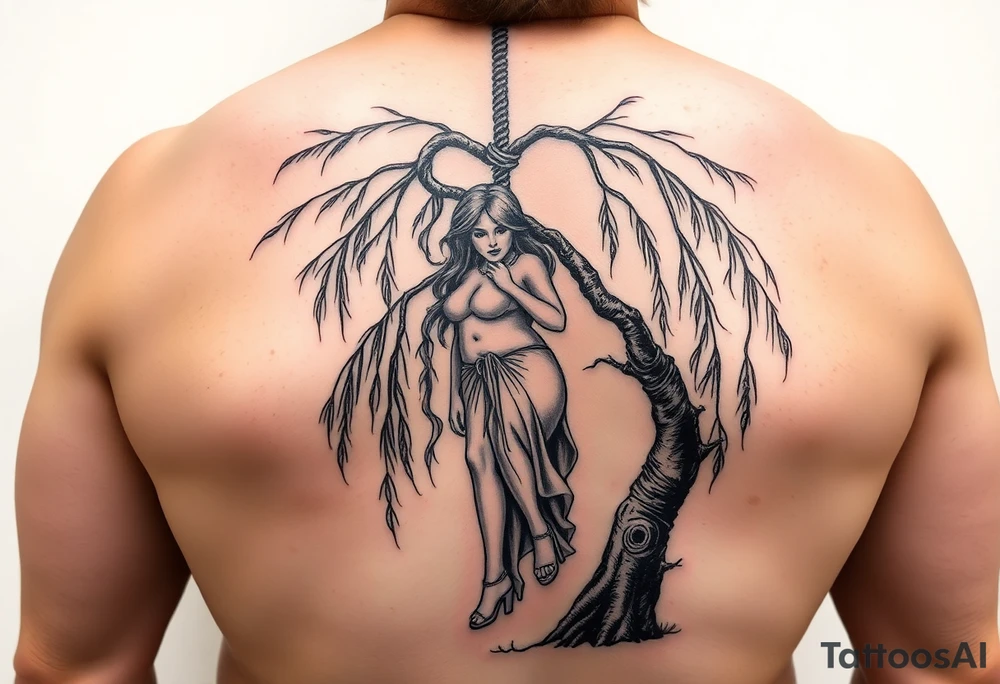 Fat sexy woman hanging with a noose off a weeping willow tree tattoo idea