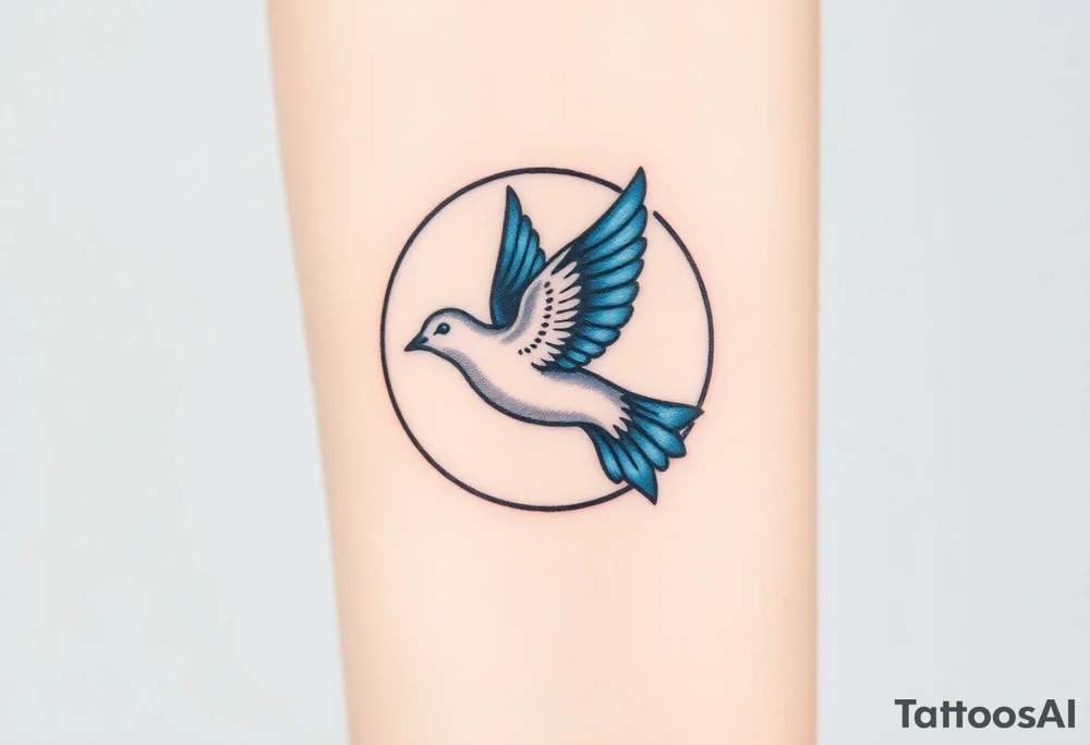 A collared dove flying through a crescent moon, with deep blue and white contrasts to represent spiritual freedom and serenity tattoo idea