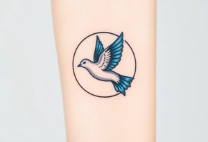 A collared dove flying through a crescent moon, with deep blue and white contrasts to represent spiritual freedom and serenity tattoo idea