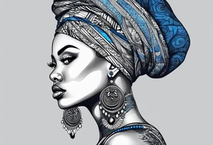 mulher iemanjá africana em preto e cinza com conchas marinhas, fundo da imagem com tons de azul tattoo idea