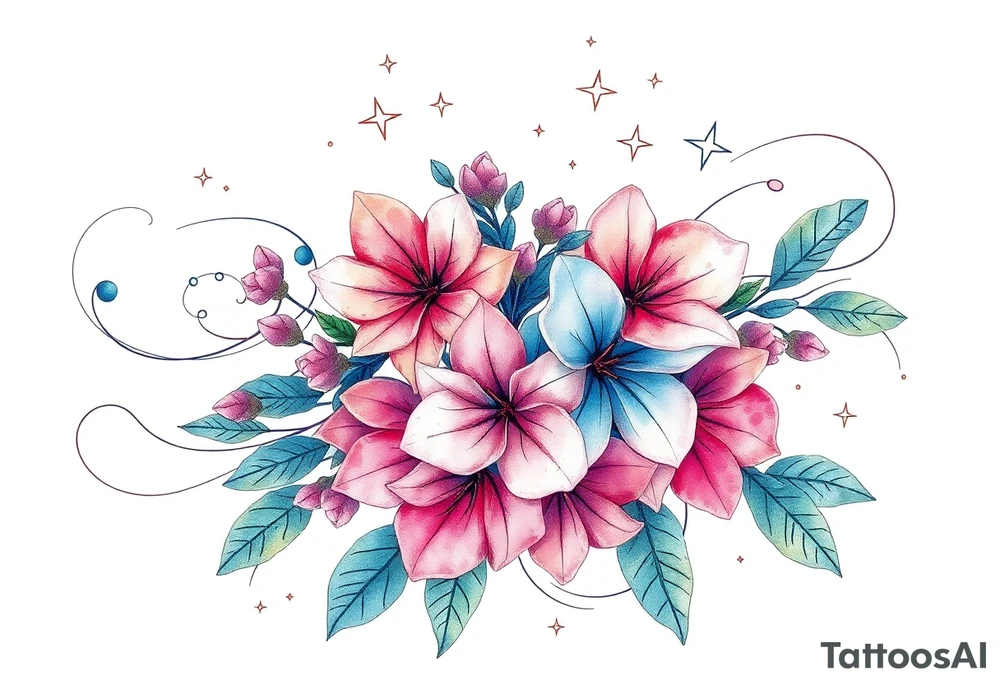 Beautiful mountain laurel flowers surrounded by flowing lines and stars tattoo idea