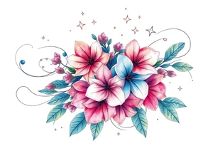 Beautiful mountain laurel flowers surrounded by flowing lines and stars tattoo idea