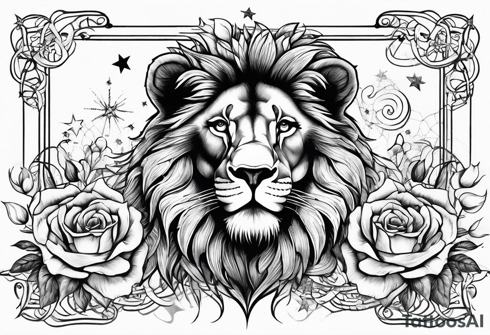 Lion with roses & spiders with stars tattoo idea