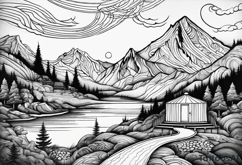 mountains, lake, yurt, sun, road tattoo idea