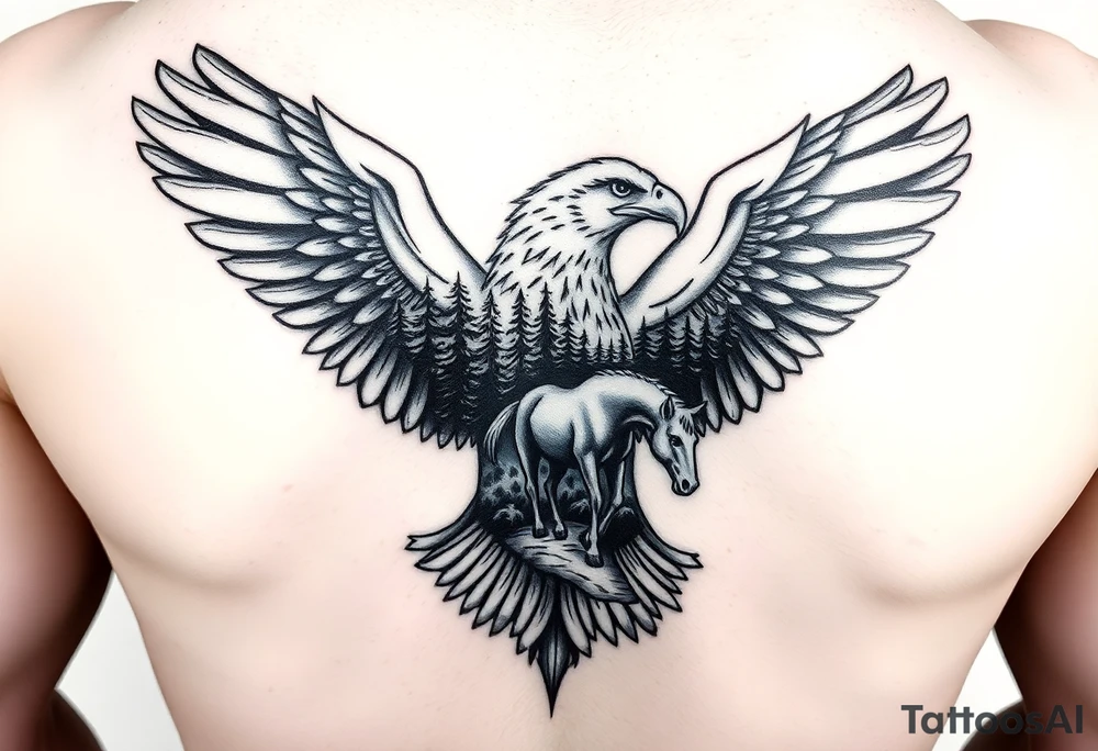 I want an eagle but inside of its wings I want a forest and a little river and maybe a horse drinking from the river. Not too big it has to fit on a 2 inch by 2 inch area tattoo idea
