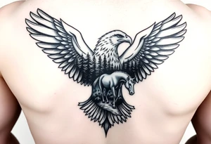 I want an eagle but inside of its wings I want a forest and a little river and maybe a horse drinking from the river. Not too big it has to fit on a 2 inch by 2 inch area tattoo idea