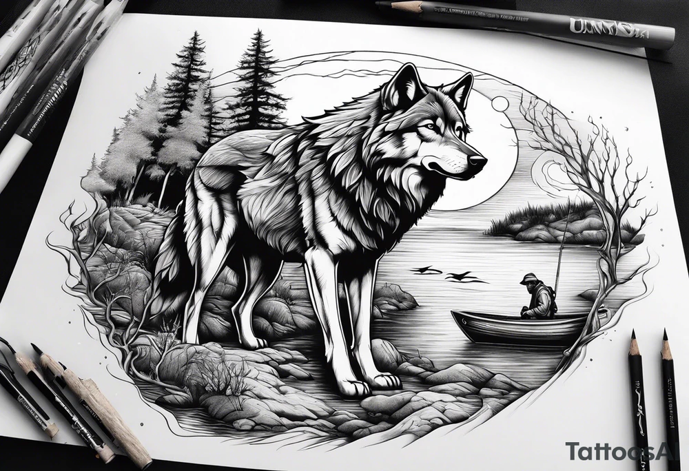 a wolf with a fisherman on a bank tattoo idea