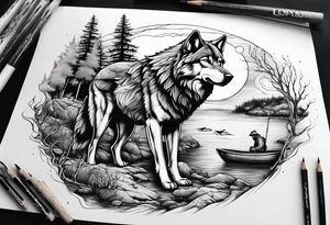 a wolf with a fisherman on a bank tattoo idea