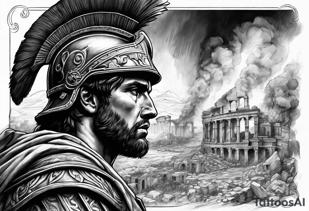 Roman soldier looking left at burning ruins tattoo idea