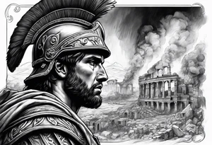 Roman soldier looking left at burning ruins tattoo idea