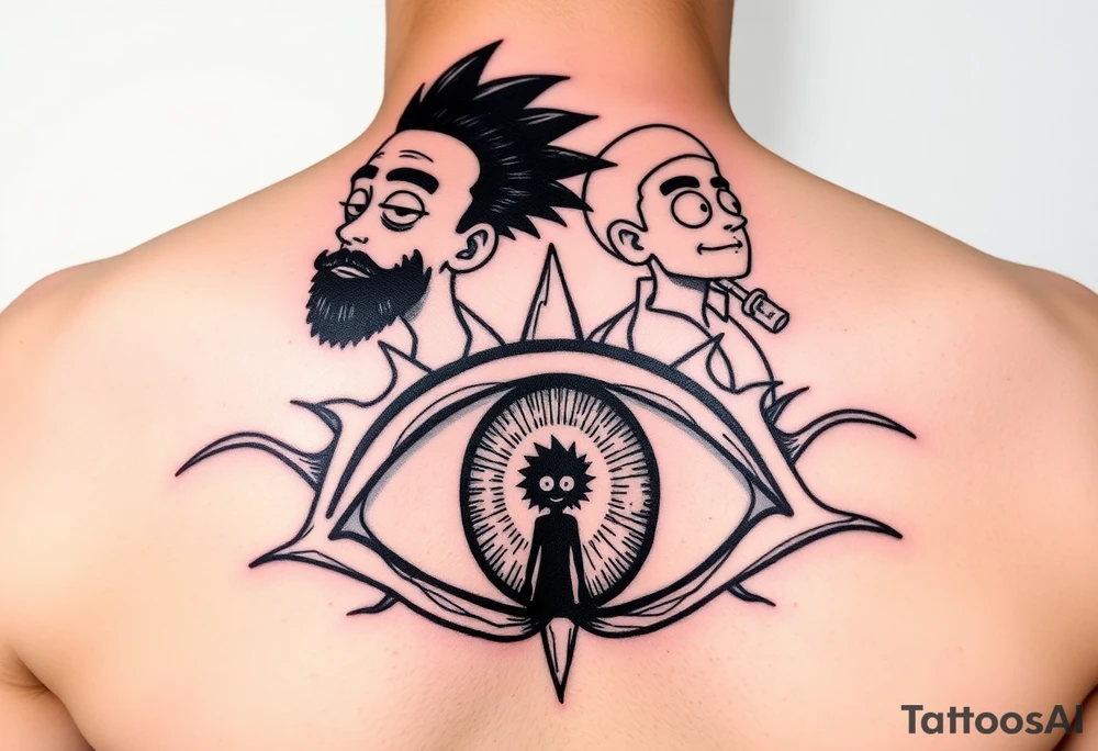 Boondocks Riley Freeman and Huey Freeman on top. in the middle itachi sharingan with one eye having Rick and Morty walking out of it, tattoo idea