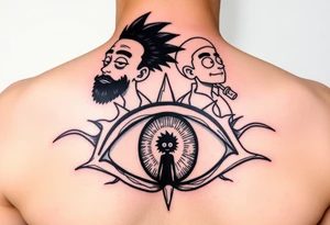 Boondocks Riley Freeman and Huey Freeman on top. in the middle itachi sharingan with one eye having Rick and Morty walking out of it, tattoo idea