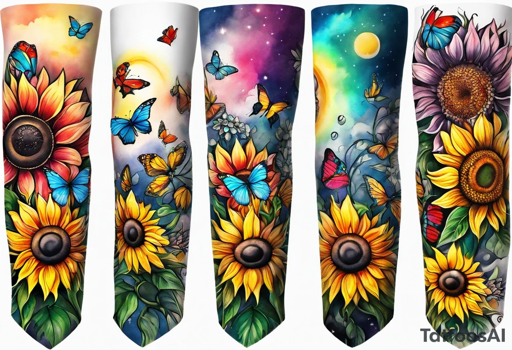 Memorial arm sleeve for mom with rainbow sunflowers and butterflies tattoo idea