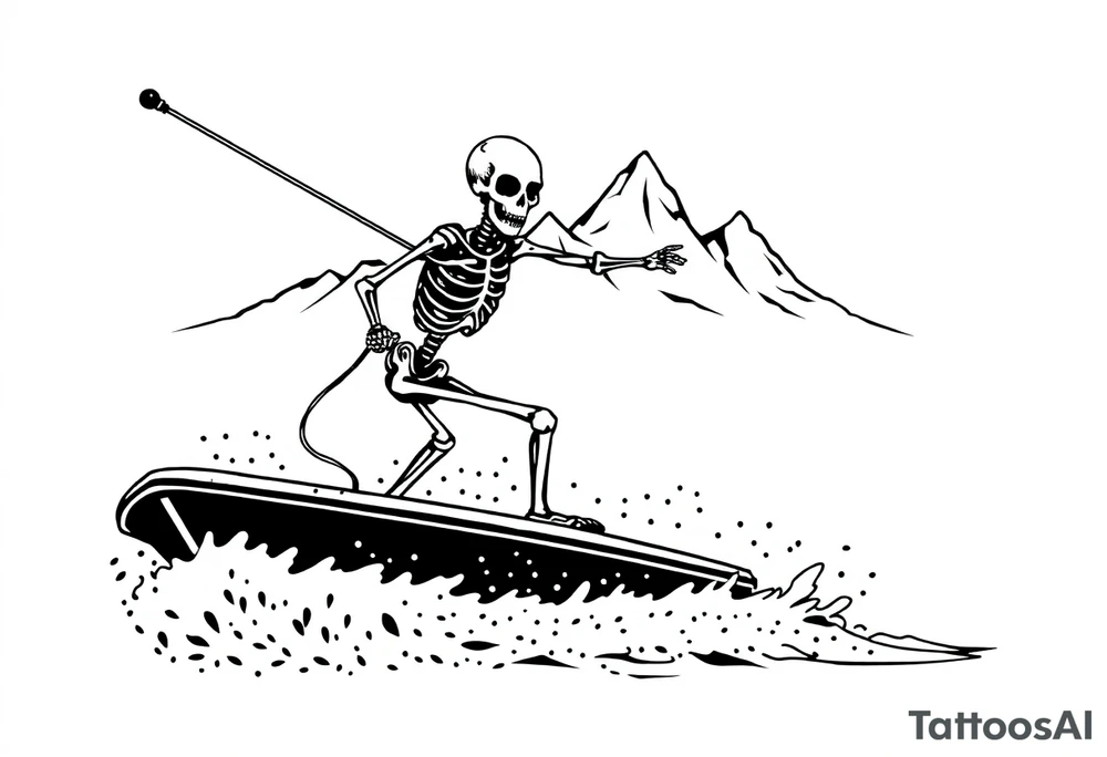 simple skeleton wakeboarding behind boat, holding onto waterspouts rope handle with one hand, simple mountains in the background tattoo idea