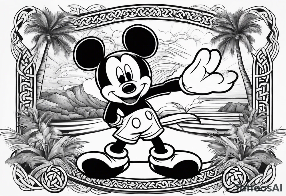 mickey mouse doing martial arts with palm trees, lightning and the celtic symbol for family tattoo idea