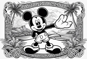 mickey mouse doing martial arts with palm trees, lightning and the celtic symbol for family tattoo idea