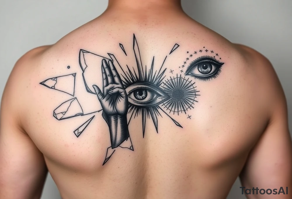 Shattered mirror tattoo design, geometric mirror shards floating, each fragment reflects different aspects - child's hand reaching, adult fist clenched, abstract eye, black ink with geometric patterns, negative space important, upper arm wrap design, abstract symbolic style, transformation theme tattoo idea