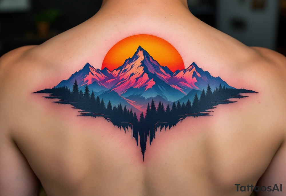 A sunset-hued mountain range represents the serenity and freedom of nature. tattoo idea