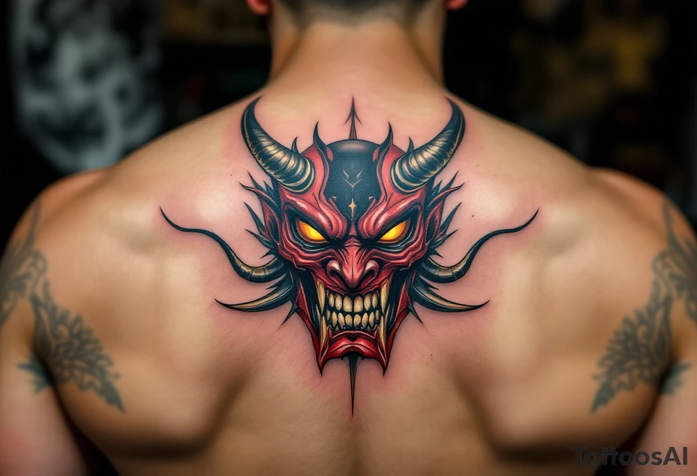 A fierce Hannya mask in deep red and black, with glowing yellow eyes and sharp horns. tattoo idea