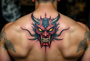 A fierce Hannya mask in deep red and black, with glowing yellow eyes and sharp horns. tattoo idea