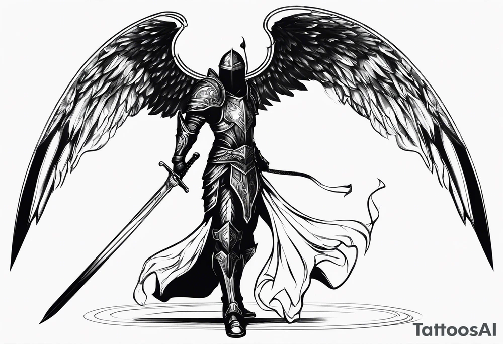 Arch angel hood fighting sword male full body heavenly armor tattoo idea