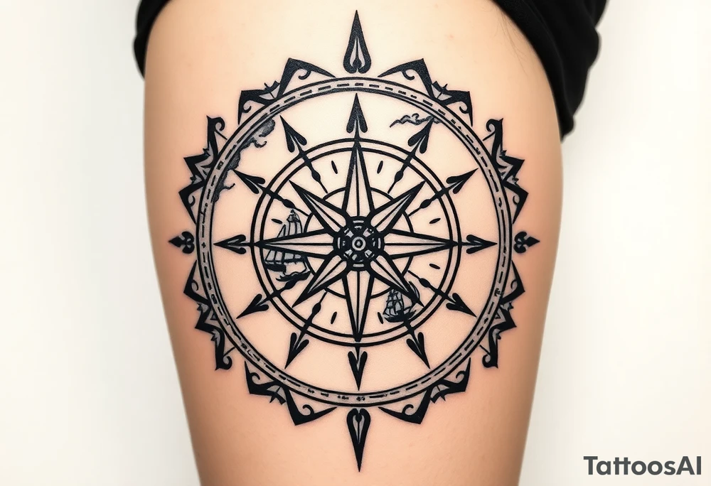 antique compass rose overlaid on weathered world map with sailing ships tattoo idea