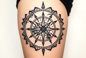antique compass rose overlaid on weathered world map with sailing ships tattoo idea