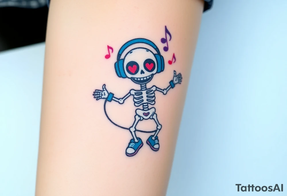 Cute smiley skeleton with heart shape eyes  jumping on a jump rope with both hands blue headphones blue armbands blue sneakers and colorful  music notes around his head tattoo idea
