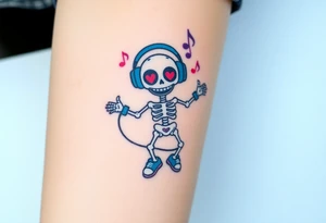 Cute smiley skeleton with heart shape eyes  jumping on a jump rope with both hands blue headphones blue armbands blue sneakers and colorful  music notes around his head tattoo idea