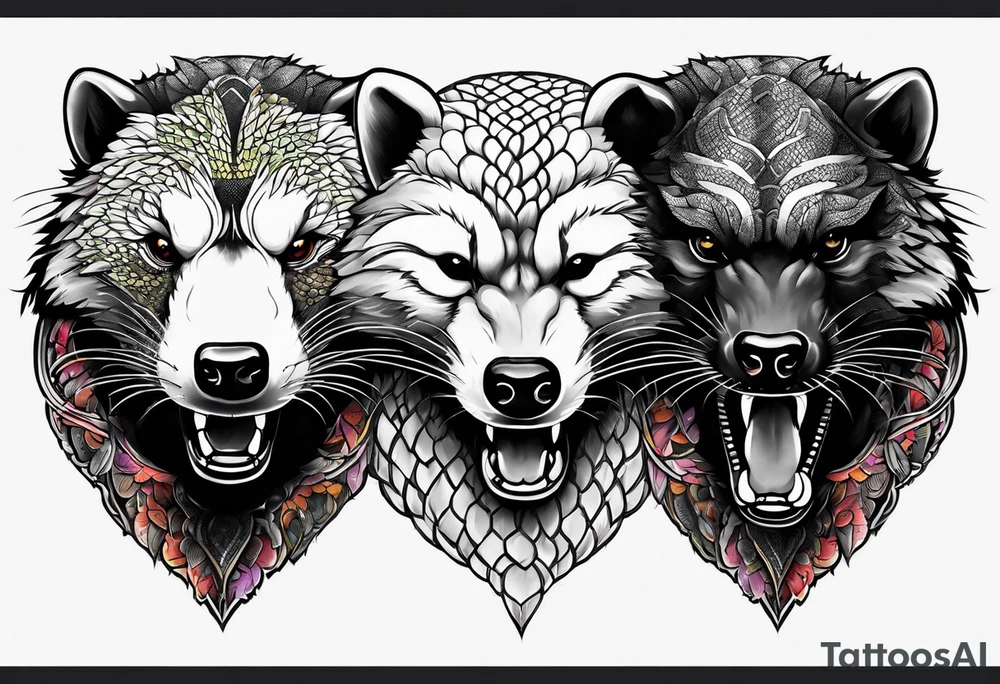 Three headed serpent and honey badger tattoo idea