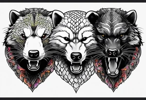 Three headed serpent and honey badger tattoo idea