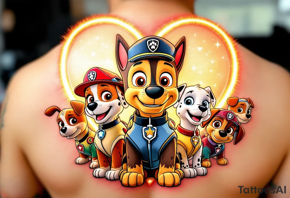 Ryder and the Paw Patrol team in front of a heart-shaped emblem, with each pup’s collar showing their individual colors, while Ryder’s outfit features light blue and beige tones. The heart has a radiant golden glow, symbolizing unity and love. tattoo idea