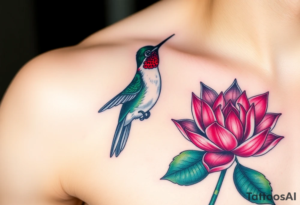 A hummingbird drinking nectar from an Egyptian lotus, make bird more black (only red , blue and black are possible colors) tattoo idea