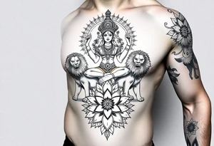 Realistic Durga sat on three lions
Surrounded by lotus chakra and mandala tattoo idea