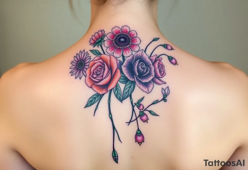 Small Bouquet of flowers starting upper middle back with long stems down spine with a aster, carnation, rose, Lily of the valley, larkspur with stems Starting upper middle back to right shoulder tattoo idea