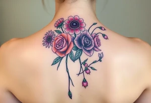 Small Bouquet of flowers starting upper middle back with long stems down spine with a aster, carnation, rose, Lily of the valley, larkspur with stems Starting upper middle back to right shoulder tattoo idea