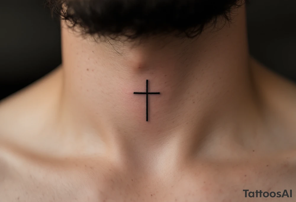 Minimalist Black Cross – A simple, thin black line cross at the center of the neck, with clean, precise edges for a subtle, modern look. tattoo idea