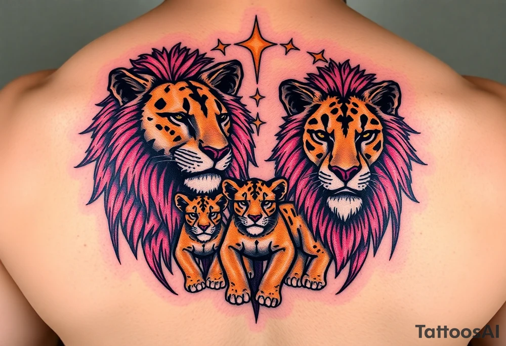 Male, female and cub lions tattoo idea