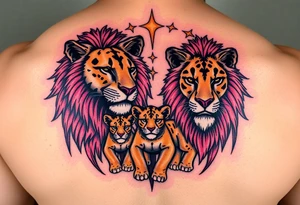 Male, female and cub lions tattoo idea