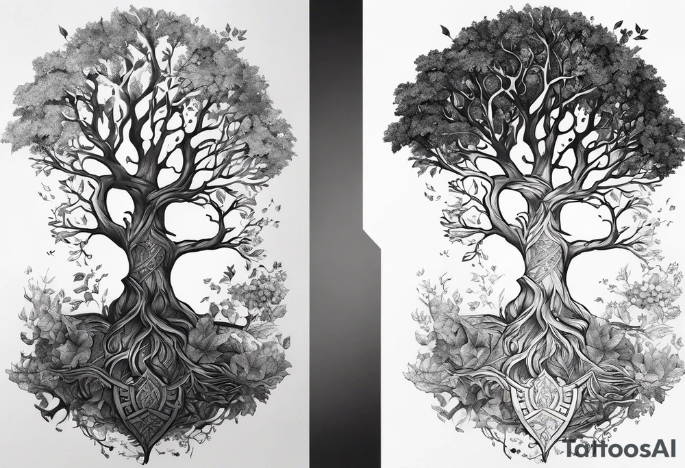 Tattoo of the norse world tree, vertically one half is rotten while the other half is full of leaves. At the base there is a shadow of a dog seen tattoo idea