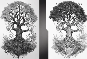 Tattoo of the norse world tree, vertically one half is rotten while the other half is full of leaves. At the base there is a shadow of a dog seen tattoo idea