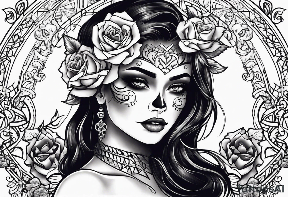 chest tattoo, from shoulder to shoulder, covering lover part of the neck. contains skulls, roses and muertos style girls tattoo idea